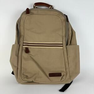 Baekgaard Teddy Zipper Backpack Beige Canvas Italian Leather Accents Laptop Bag
